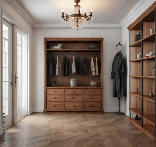 Entrance hall with a large closet having wooden shelves for storage and a chandelier, modern home, traditional home photo