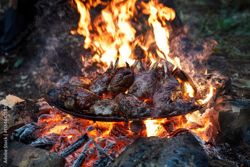 Venison roasting over open flames at a hunting dinner in the woods Venison roasting over open flames at a hunting dinner in the woods