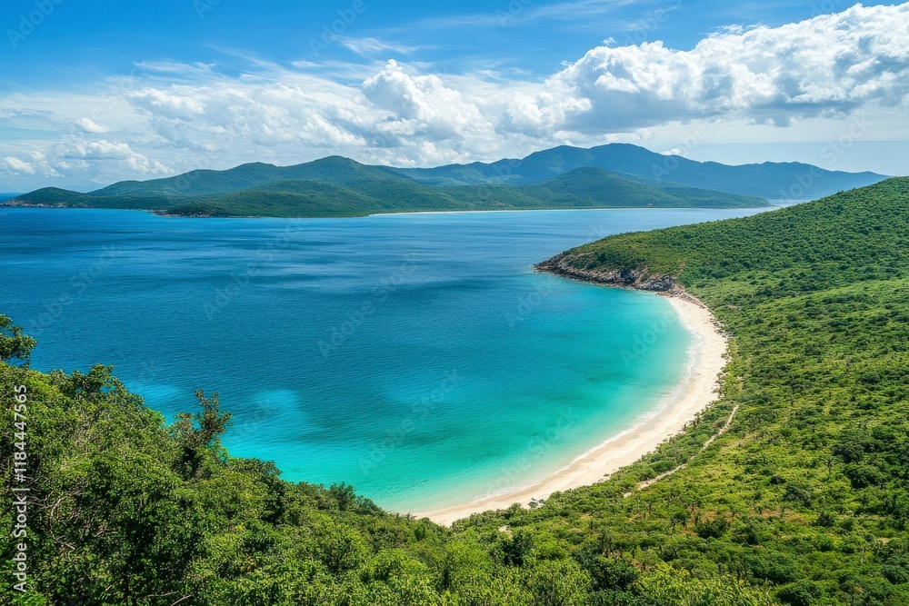 Coastal Serenity, A Breathtaking View of a Turquoise Bay and Lush Hills Under a Cloudy Sky Coastal Serenity, A Breathtaking View of a Turquoise Bay and Lush Hills Under a Cloudy Sky