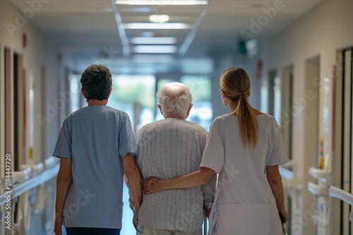 Healthcare professionals assist an elderly patient through a hospital corridor during morning hours, highlighting compassionate care and teamwork