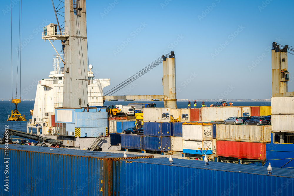 Cargo ship loading containers in commercial port, port crane in