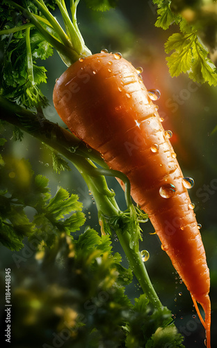 Obraz na płótnie beautiful ripe carrot with leaves and water drops. close up. digital artwork. Ai generated. w salonie