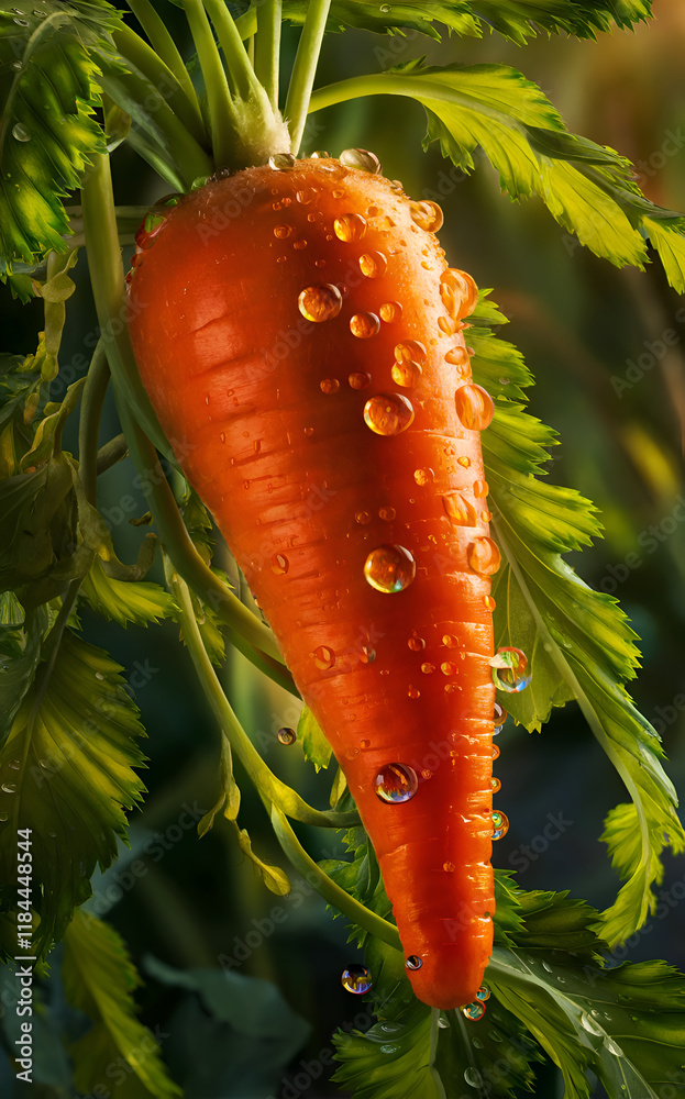 beautiful ripe carrot with leaves and water drops. close up. digital artwork. Ai generated.