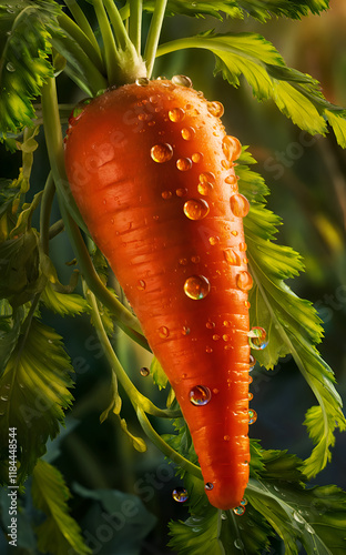 Obraz na płótnie beautiful ripe carrot with leaves and water drops. close up. digital artwork. Ai generated. w salonie