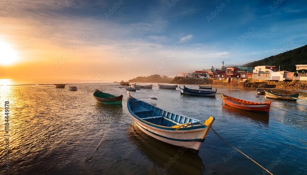 Sunrise Coastal Village Boatscape Tranquil Fishing Boats at Golden Hour Sunrise Coastal Village Boatscape Tranquil Fishing Boats at Golden Hour
