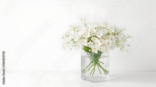 light gray soft background with transparent vase with flowers