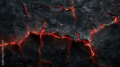 Abstract Volcanic Texture with Glowing Lava Cracks in Dark Rock, Molten Magma Fissures Background for Gaming and Design