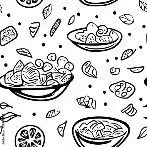 Collection of Pasta salad with Italian dressing icons, Pasta salad with Italian dressing illustration art, seamless pattern