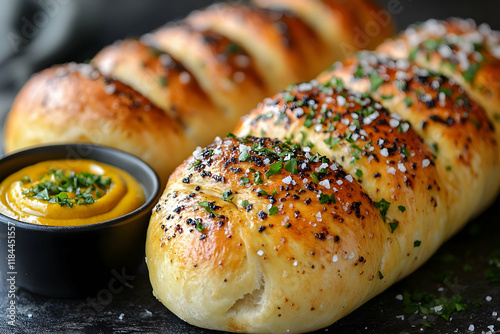 Golden Brown Pull Apart Garlic Bread with Mustard Dipping Sauce