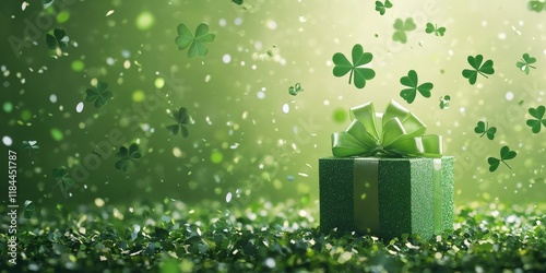 St. Patricks Day celebration backdrop featuring clover leaves, confetti, a gift box, and room for text. A lively green themed greeting card with high quality visuals. photo