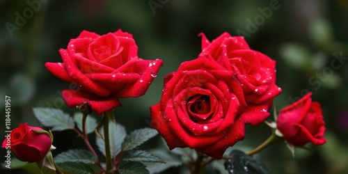 Macro photography of beautiful red roses covered in fresh water droplets, vivid and detailed
