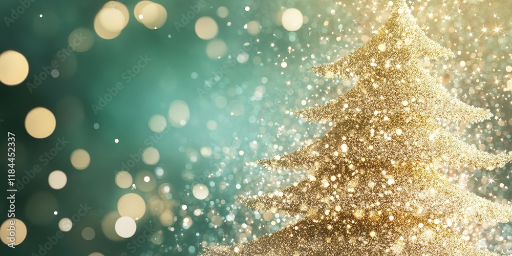 Fototapeta premium A shimmering gold Christmas tree set against a soft, out of focus green backdrop creates a festive and joyful atmosphere, enhancing the holiday spirit.