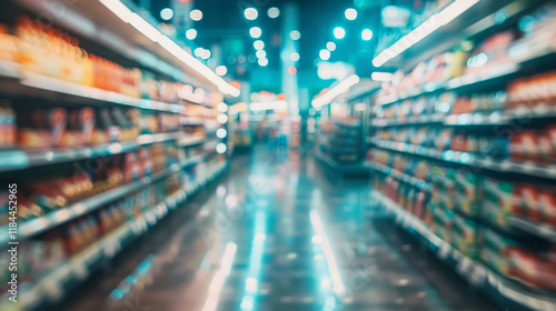 Supermarket aisle with abstract blurred background AI generative. photo