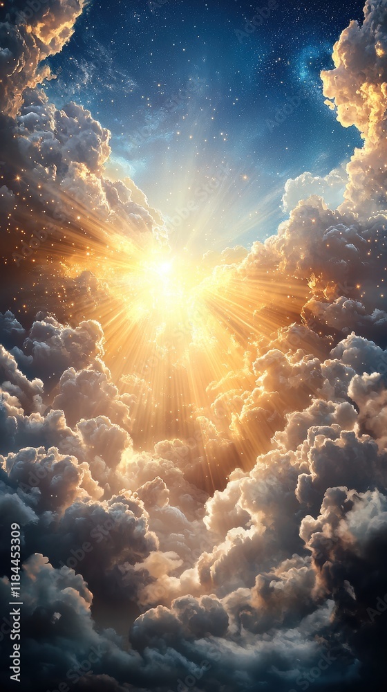 Obraz premium Glorious Heavenly Rays Piercing Through Dramatic Cloudy Sky Landscape