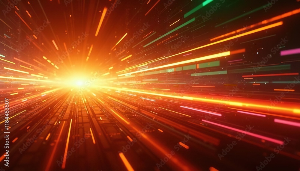 Naklejka premium Futuristic light beams and glowing trails in motion creating a tunnel effect with speed lines