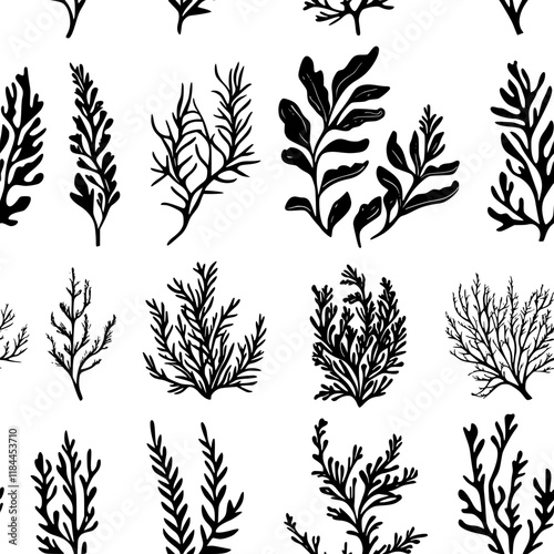 Collection of Seaweed icons, Seaweed illustration art, seamless pattern