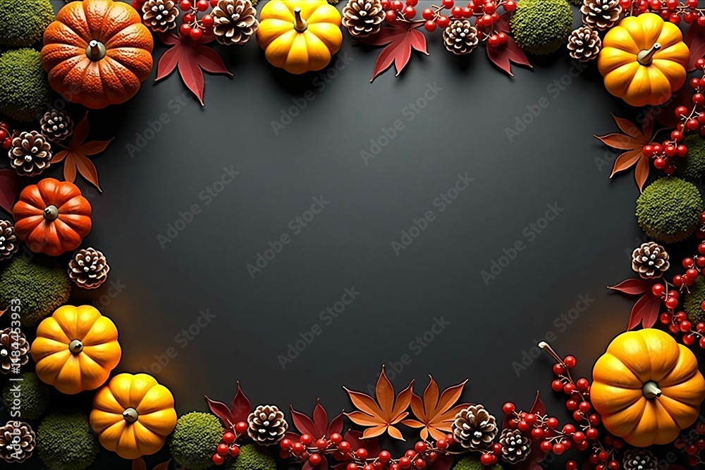 Fototapeta premium Autumn Background with Decorative Pumpkins, Maple Leaves, and Berries Perfect for Fall and Halloween Themes