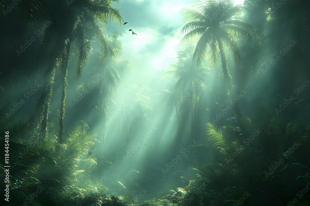 Obraz premium Lush Tropical Rainforest Bathed in Sunlight, Mist Shrouds Ancient Palm Trees