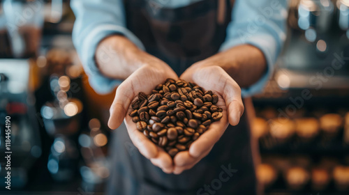 Roasted coffee beans in a heart-shaped barista gesture AI generative. photo