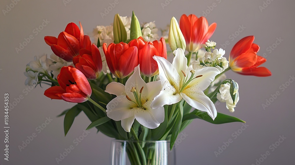 A floral arrangement with red tulips and white lilies in a clear vase A floral arrangement with red tulips and white lilies in a clear vase