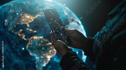 Businessperson showcasing technology and internet connection via smartphone AI generative. photo