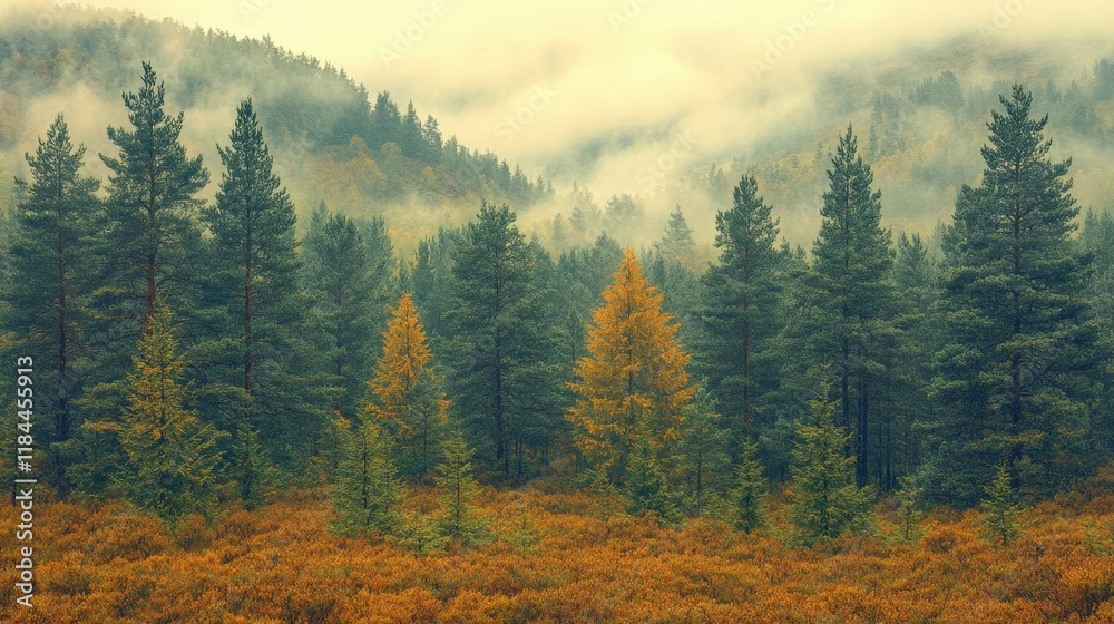 Misty Autumn Forest in Mountains, Golden and Green Conifers Misty Autumn Forest in Mountains, Golden and Green Conifers