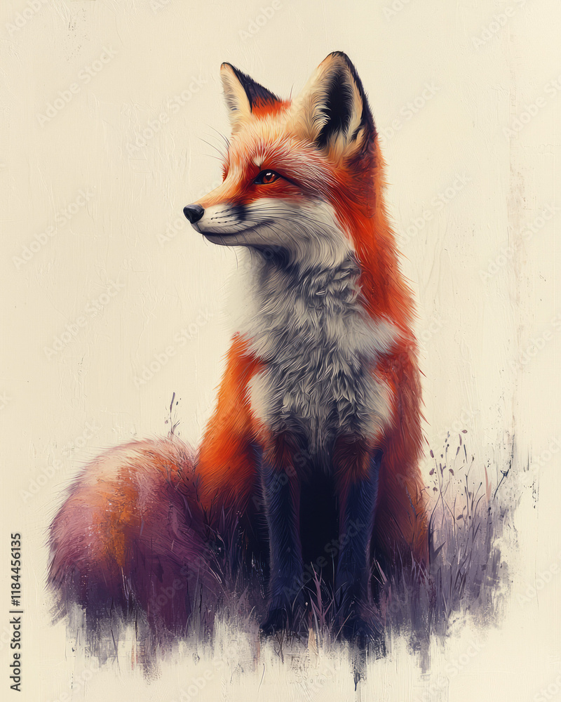 Obraz premium Enchanting fox with a gradient of fuchsia to lavender in its bushy tail, isolated on a muted cream surface,