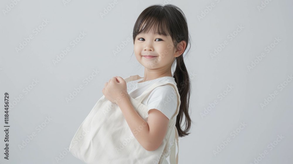 Full body portrait of cheerful Asian girl with canvas bag, AI generative Full body portrait of cheerful Asian girl with canvas bag, AI generative