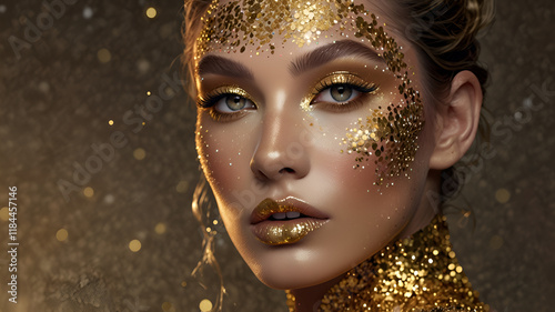  This makeup creation is a dazzling art masterpiece. It seamlessly blends shimmering gold tones to create a breathtakingly beautiful image. Each particle of glitter reflects the light.