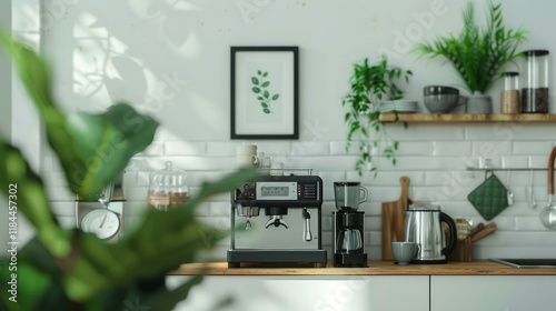 Contemporary kitchen interior with sleek Italian coffee machine, AI generative photo