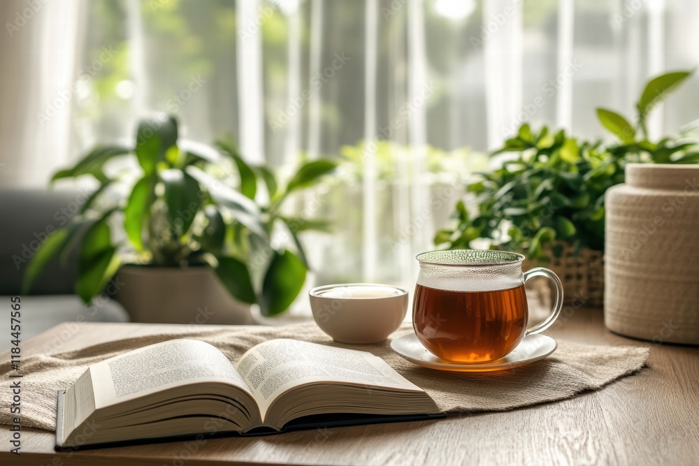 Serene indoor space featuring tea, a book, and green plants in natural light Serene indoor space featuring tea, a book, and green plants in natural light