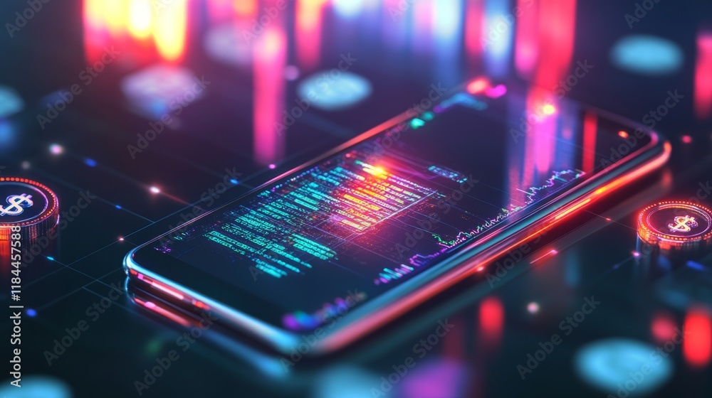 Obraz premium Analyzing financial data on mobile devices digital finance technology virtual environment close-up view data visualization insights