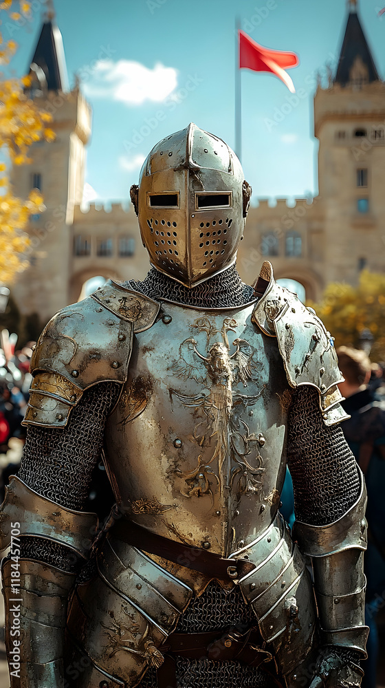 Medieval Knight in Full Armor Standing Before a Majestic Castle Medieval Knight in Full Armor Standing Before a Majestic Castle