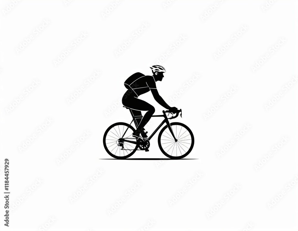 Fototapeta premium Black and White Illustration of Middle-Aged Male Riding Road Bicycle, Minimal Shading, Emphasizing Line Form, Helmet Cycling Jersey Shorts, Thin Tires, Light Skin, White Background, Ai generated image