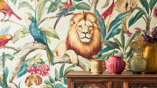 Vibrant jungle scene featuring a lion and tropical birds indoor decor artistic design lush environment close-up view nature inspiration