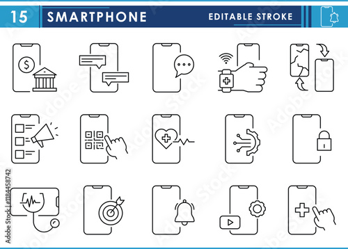 A set of line icons related to Smartphone. Smart, banking, chat, smartwatch, repair, digital marketing, health, QR, lock, business, and so on. Vector editable stroke.
