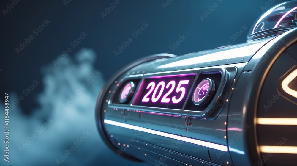 Obraz premium A futuristic time machine display showing the year 2025 with neon lights and smoke effects.