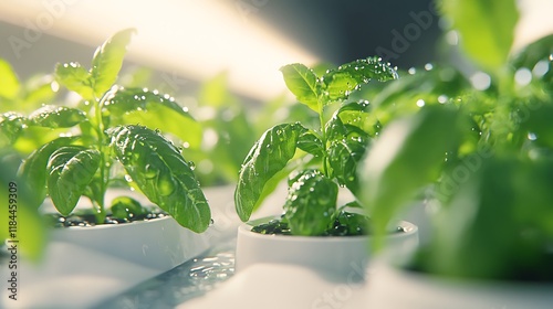 Wallpaper Mural Dewdrops adorn vibrant green basil plants in hydroponic system Torontodigital.ca