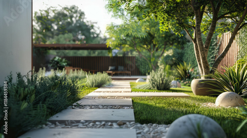 Photo-realistic garden in daylight featuring vibrant details, AI generative. photo