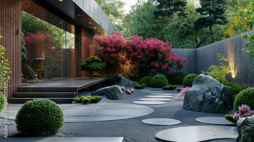 Vibrant minimalist garden design with natural greenery, AI generative. photo