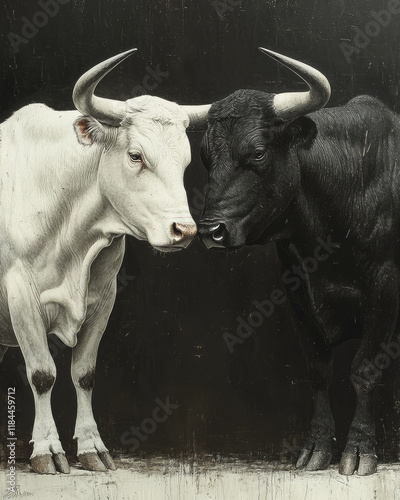 A stoic white bull inclining its horns in front of a sleek black bull, set on a monochrome gray floor, photo