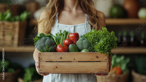 A person holding an open box of fresh vegetables and fruits, including tomatoes, lettuce, beets, lemons, asparagus, carrots, 