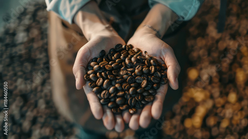 Barista holding coffee beans in heart-shaped hands, AI generative. photo