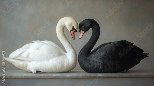 A pure white swan tilting its head toward a refined black swan, both framed on a subtle gray plane, photo