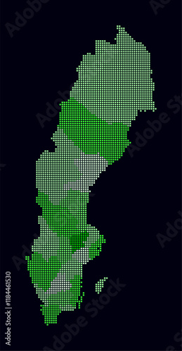 Sweden dotted map. Digital style map of the country on dark background. Sweden shape with square dots. Colored dots style. Small size squares. Amazing vector illustration.