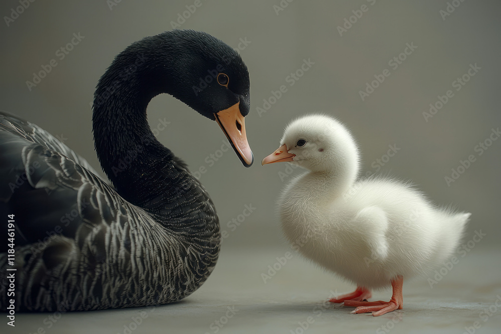 A tiny white chick bending down before a stately black swan, both shapes clear on a tranquil gray plane, A tiny white chick bending down before a stately black swan, both shapes clear on a tranquil gray plane,