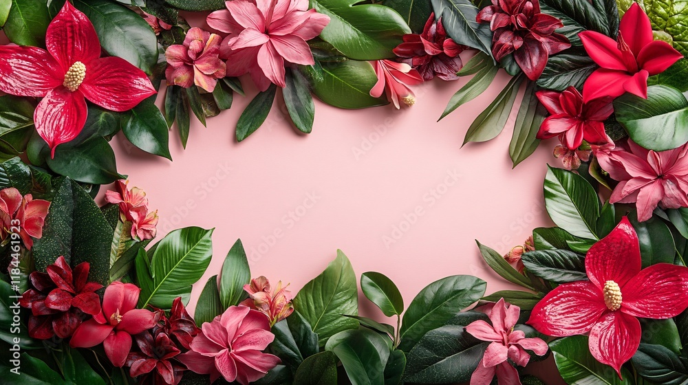 Obraz premium Vibrant floral arrangement on soft pink background showcasing diverse blooms and greenery