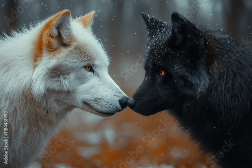 A thick-furred white polar wolf bowing to a slim black fox, both eyes locked on a calming gray set, photo