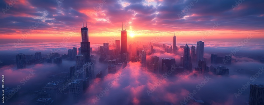 Obraz premium Cityscape sunrise with fog, skyscrapers and clouds.