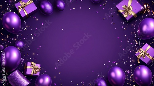 Purple celebration decorations with balloons, gifts, and confetti for a festive occasion